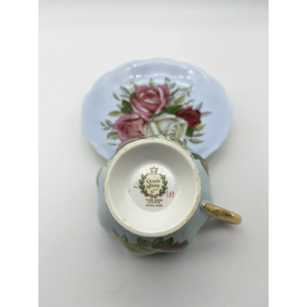 Vintage Queen ANNE Blue CABBAGE ROSE Cup & Saucer Set of 2